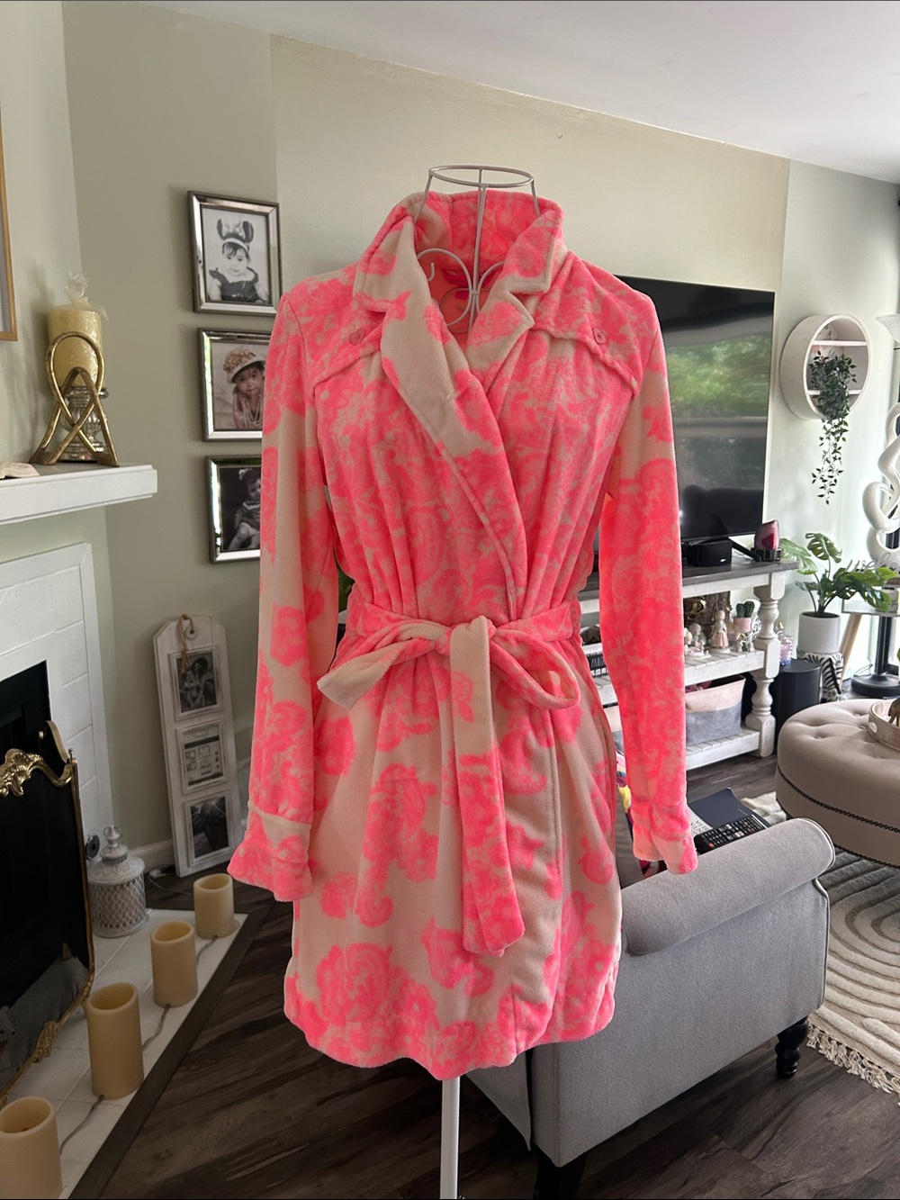 Betsey Johnson Pink Floral Plush Tie-Waist Robe
